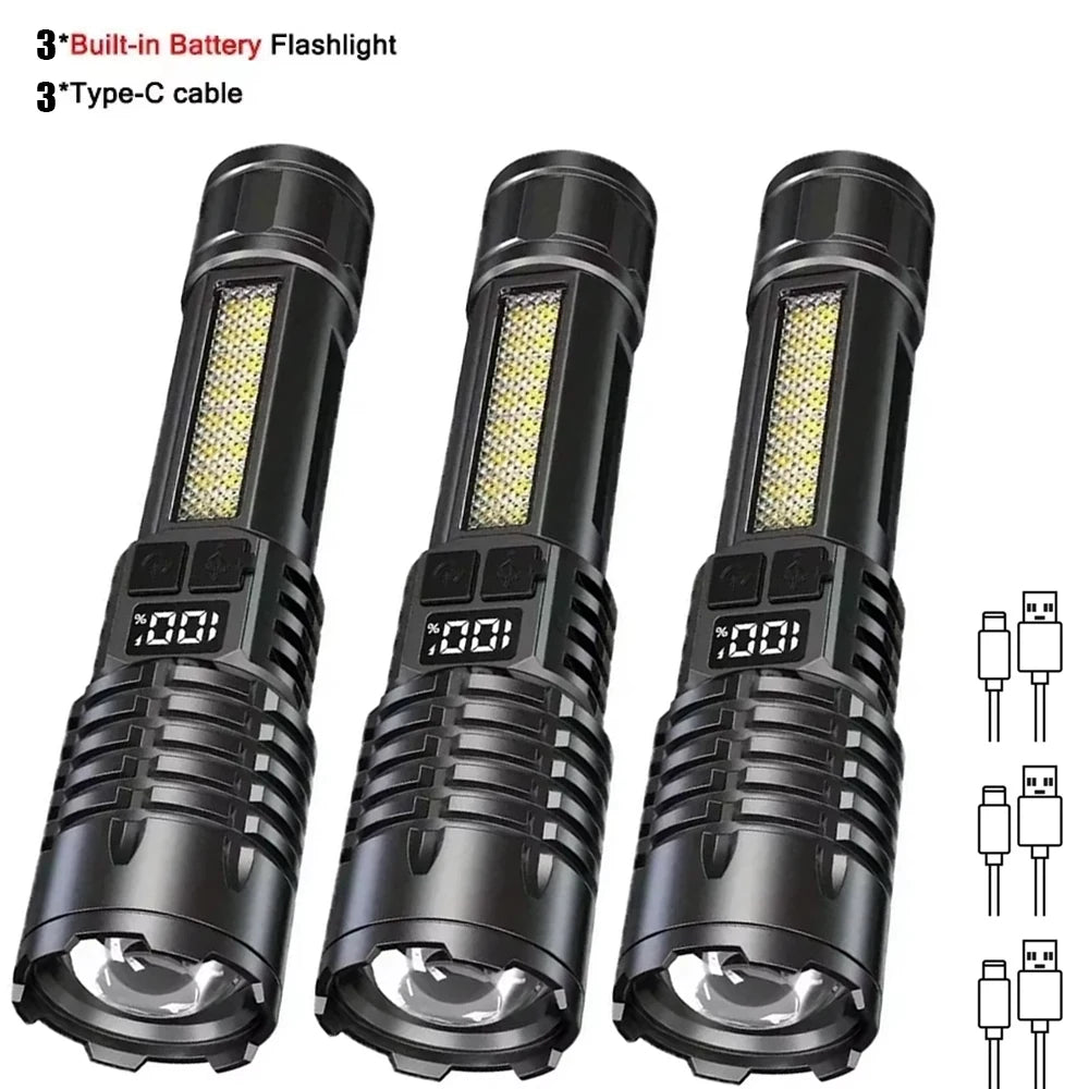 High Power LED Flashlight Powerful TYPE-C Rechargeable COB Flashlight With Side Light Torch For Outdoor Camping Hiking