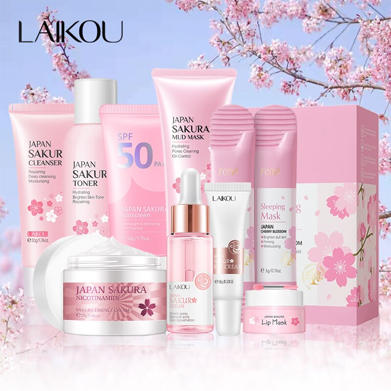 9pcs Facial Products Kit Sakura Skin Care Set Facial Cleanser Face