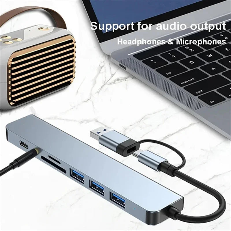 8 in 2 USB C Hub Docking Station with Micro SD Card Reader 35mm Audio Jack Adapter for Laptop Tablet Phone Disk Converter