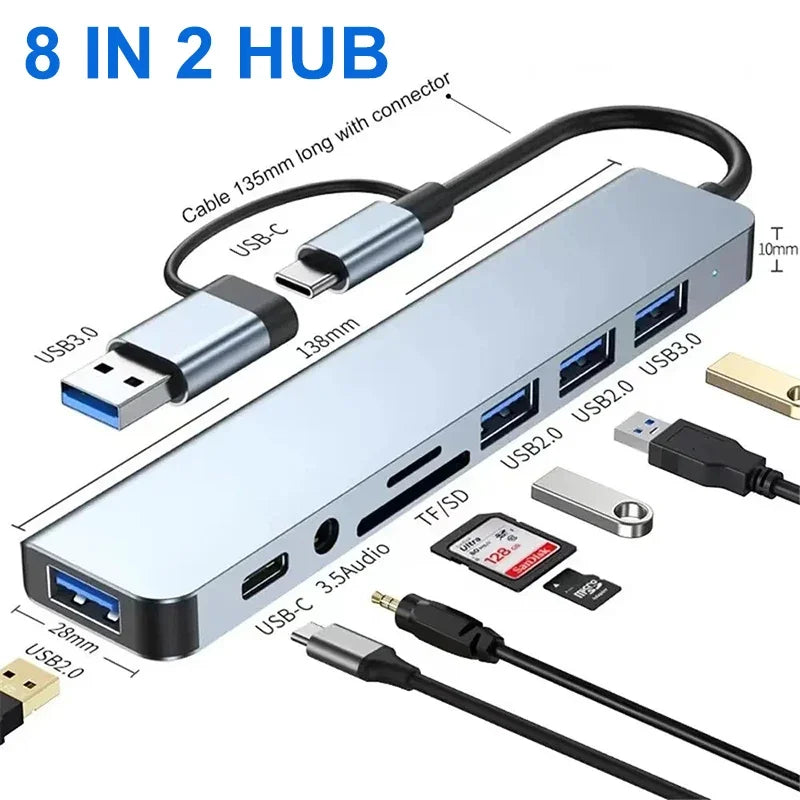 8 in 2 USB C Hub Docking Station with Micro SD Card Reader 35mm Audio Jack Adapter for Laptop Tablet Phone Disk Converter