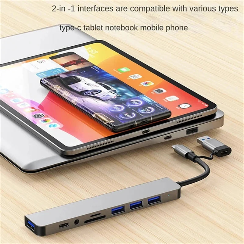 8 in 2 USB C Hub Docking Station with Micro SD Card Reader 35mm Audio Jack Adapter for Laptop Tablet Phone Disk Converter